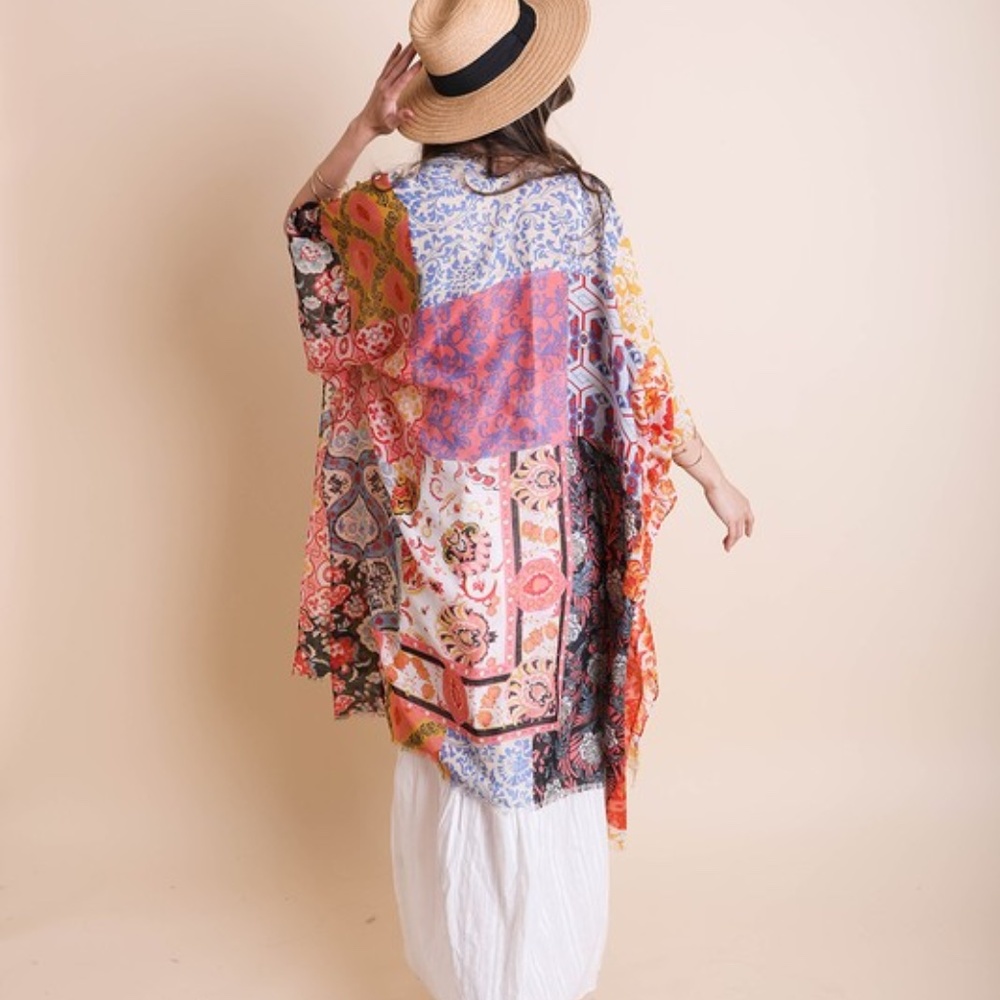 Boho Colorful Floral Patchwork Open Front Cover up Kimono - Picture 6 of 8